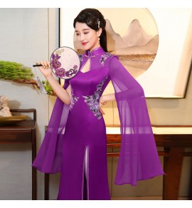 旗袍禮服裙立領留空披肩袖開叉長裙