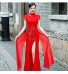 旗袍禮服裙立領短袖刺繡開叉長裙