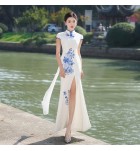 旗袍禮服裙立領短袖刺繡開叉長裙