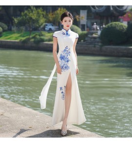 旗袍禮服裙立領短袖刺繡開叉長裙