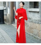旗袍禮服裙立領披肩刺繡開叉長裙