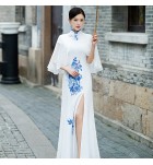 旗袍禮服裙立領披肩刺繡開叉長裙