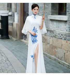 旗袍禮服裙立領披肩刺繡開叉長裙