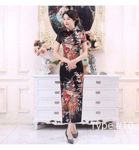 女裝旗袍裙立領印花綢緞長裙