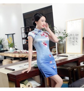 女裝旗袍裙立領印花綢緞短裙