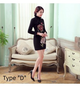 旗袍兔毛立領繡花短款