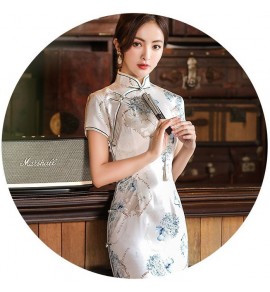 女裝旗袍裙立領復古花紋中長裙