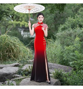 旗袍禮服裙立領紅色漸變開叉長裙