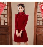 女裝連身裙毛邊立領斜襟短旗袍