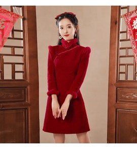 女裝連身裙毛邊立領斜襟短旗袍