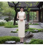 旗袍米白色無袖長裙串珠雲肩兩件套