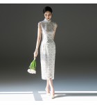 女裝禮服裙立領亮片蕾絲手工釘珠裙