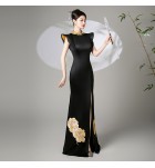 女裝禮服裙圓領一字肩膊開叉長裙