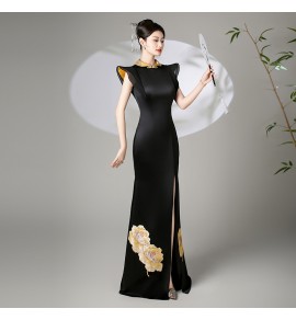 女裝禮服裙圓領一字肩膊開叉長裙