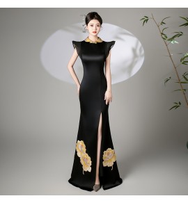 女裝禮服裙圓領一字肩膊開叉長裙
