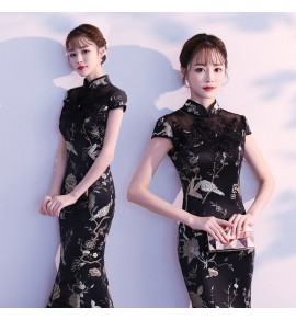 少女禮服裙黑色繡花立領長裙