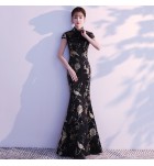 少女禮服裙黑色繡花立領長裙