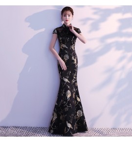 少女禮服裙黑色繡花立領長裙