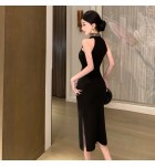 女裝禮服裙立領露肩開叉中長裙