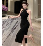 女裝禮服裙立領露肩開叉中長裙