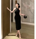 女裝禮服裙立領露肩開叉中長裙