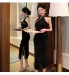 女裝禮服裙立領露肩開叉中長裙