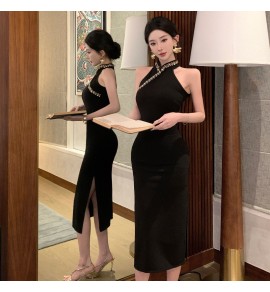 女裝禮服裙立領露肩開叉中長裙