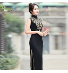 少女禮服裙黑色立領刺繡改良旗袍