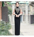 少女禮服裙黑色立領刺繡改良旗袍