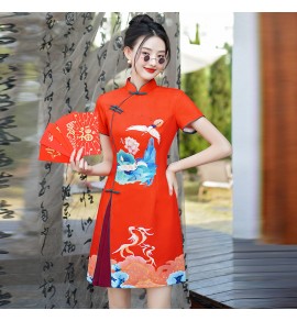 女裝旗袍立領盤扣印花短裙