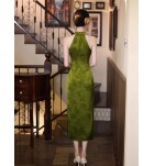 少女旗袍立領掛脖露肩開叉連身裙