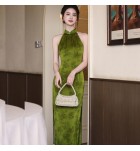 少女旗袍立領掛脖露肩開叉連身裙