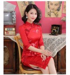 少女旗袍立領中袖繡花中長裙