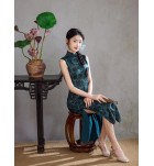 少女綠色立領印花改良旗袍