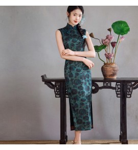 少女綠色立領印花改良旗袍