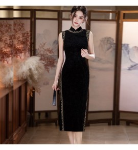 少女旗袍立領無袖黑色連身裙