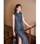 少女旗袍立領無袖條紋文藝復古