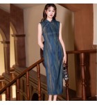 少女旗袍立領無袖條紋文藝復古