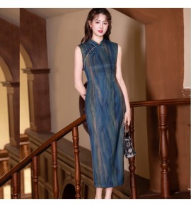 少女旗袍立領無袖條紋文藝復古