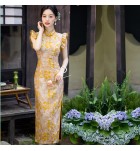 旗袍立領飛飛袖印花文藝復古