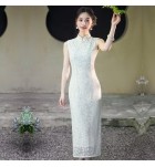 旗袍立領無袖蕾絲鏤空花連披肩兩件套