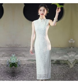 旗袍立領無袖蕾絲鏤空花連披肩兩件套