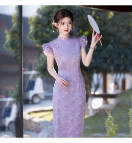 少女旗袍立領荷葉袖文藝復古