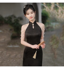 少女旗袍掛脖無袖禮服裙