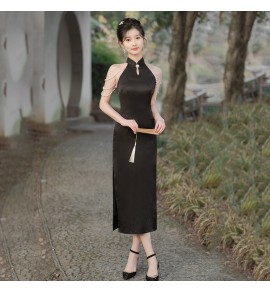 少女旗袍掛脖無袖禮服裙
