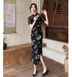 少女連身裙黑色印花文藝復古改良旗袍