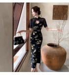 少女連身裙黑色印花文藝復古改良旗袍