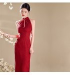 女裝紅色連身裙掛脖露肩改良旗袍