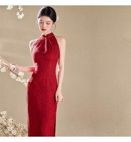 女裝紅色連身裙掛脖露肩改良旗袍