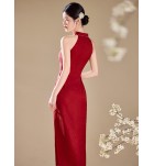 女裝紅色連身裙掛脖露肩改良旗袍